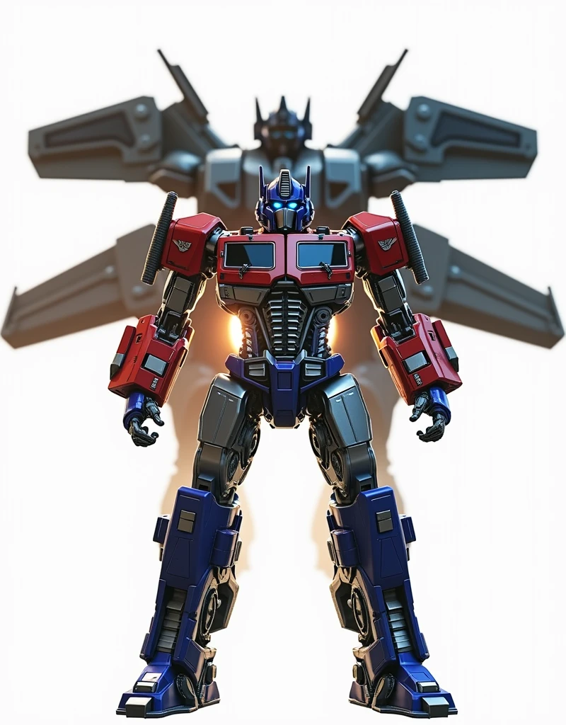 a highly detailed and cinematic render of Optimus Prime and Jetfire from the Transformers movie franchise, robot mode, Autobots mech, transformers movie style tech, ultra-detailed metallic body, glowing core, dynamic pose, cinematic front shot, best quality,8k,highres,masterpiece,ultra-detailed,realistic,photorealistic,HDR,UHD,studio lighting,physically-based rendering,extreme detail description,vivid colors,bokeh