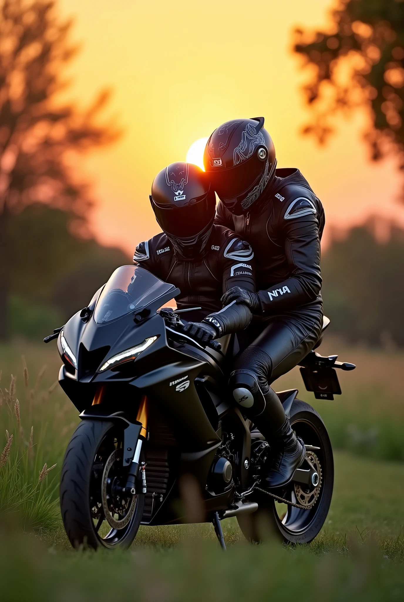 A biker who is in his full suit and helmet and keeping his head on his motorbike Ninja Zx10r showing love faith emotion for it. In the background there must be a natural vibe and the time should be on sunset