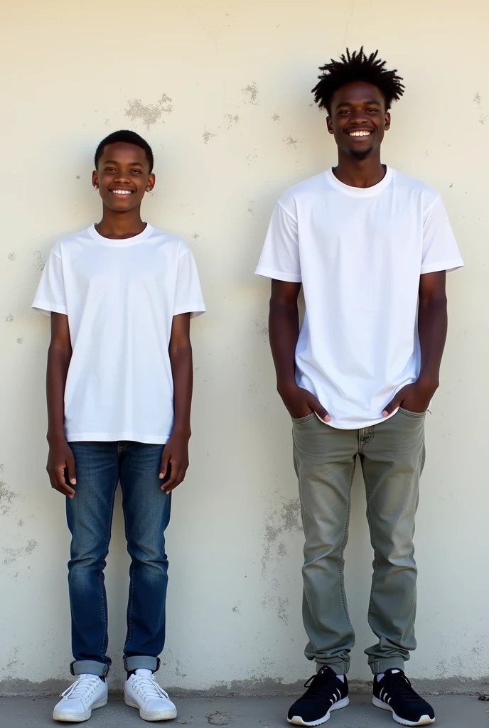 Create a split-image of the same light skinned 21 years old Ethiopian man shown side by side against a messed up wall as a background to illustrate a before and after transformation. In the 'before' image on the left, depict the man as shorter and wearing a plain white T-shirt and jeans. In the 'after' image on the right, show the same man taller, with no change in physique, wearing the same white T-shirt but with casual pants instead. Both images should have the man smiling and looking directly at the camera, with a noticeable difference in height and little difference on presence. The background should be the same for both pictures and minimalist with natural lighting, highlighting the transformation. Make the picture realistic