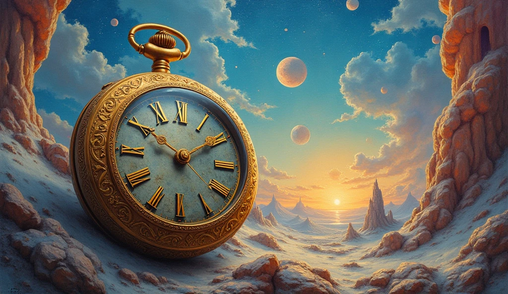 A painting by Roger Dean of an antique pocket watch with rapidly spinning hands.