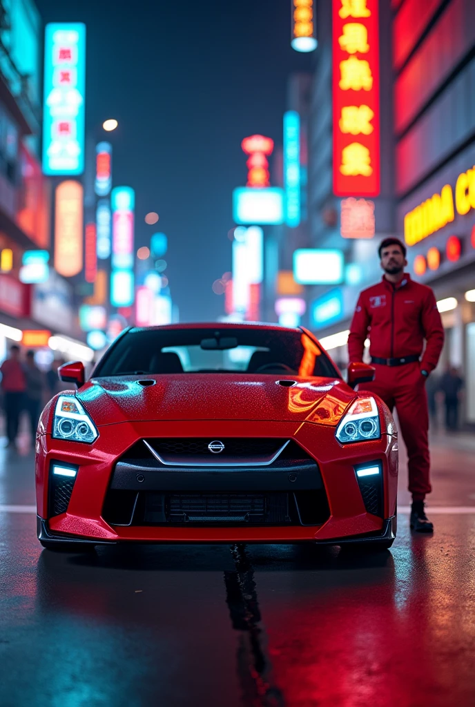 Nissan GTR red, neon colour, neon city, a Chinese city, road is neon, front view and side view , behind one man wearing race suit