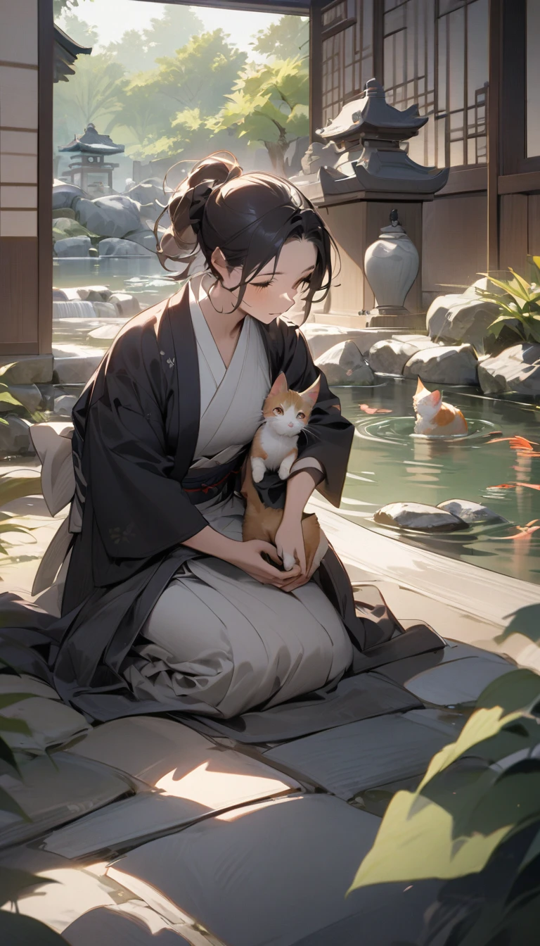 "A samurai kneeling on the ground, playing with a playful kitten in a serene Japanese garden. The scene is tranquil, with a koi pond and stone lanterns visible in the background."