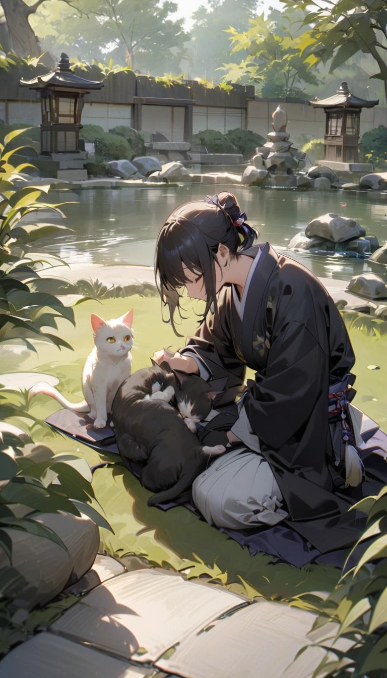 "A samurai kneeling on the ground, playing with a playful kitten in a serene Japanese garden. The scene is tranquil, with a koi pond and stone lanterns visible in the background."