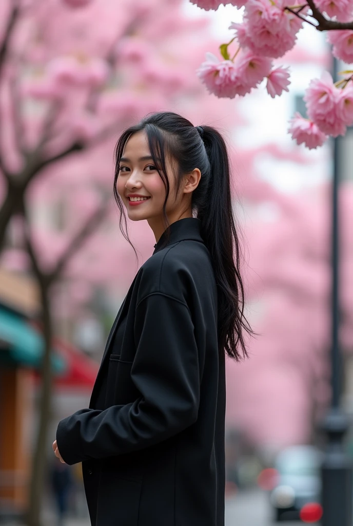 "Create an image of a young Japanese woman with long black hair, bright eyes, and a warm smile, resembling a popular Japanese actress. She should have a cheerful expression and be wearing a stylish outfit. The background should be a soft-focus urban setting with cherry blossoms in bloom, capturing a vibrant, springtime atmosphere."、The face of a 33 year old、ponytail、Black clothes、Height: 165cm、Walking forward、whole body
