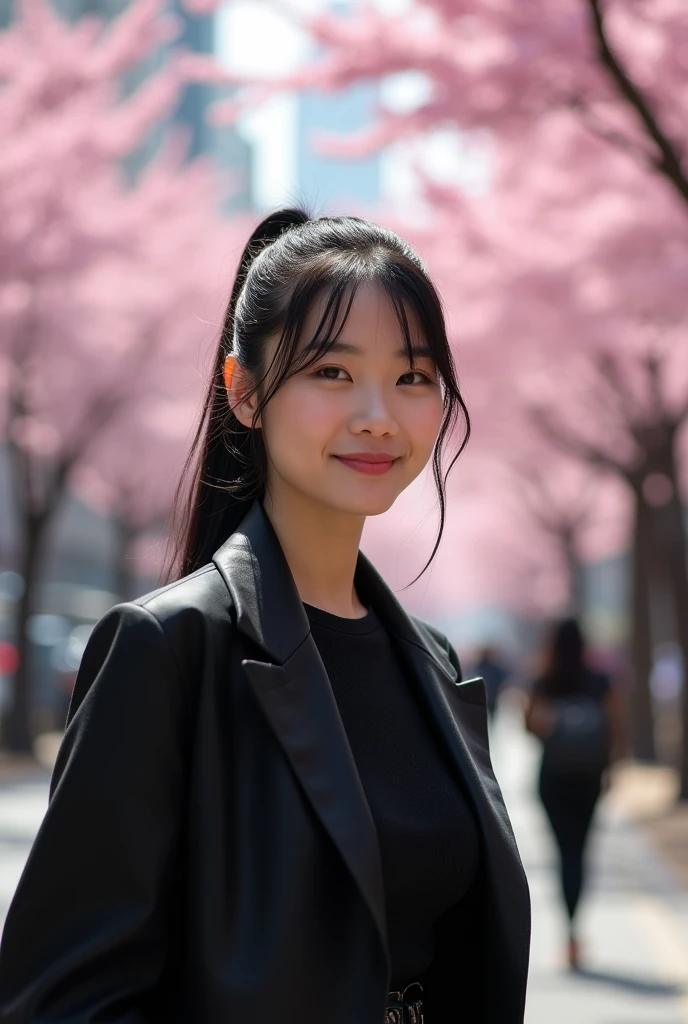 "Create an image of a young Japanese woman with long black hair, bright eyes, and a warm smile, resembling a popular Japanese actress. She should have a cheerful expression and be wearing a stylish outfit. The background should be a soft-focus urban setting with cherry blossoms in bloom, capturing a vibrant, springtime atmosphere."、The face of a 33 year old、ponytail、Black clothes、Height: 165cm、Walking forward、whole body