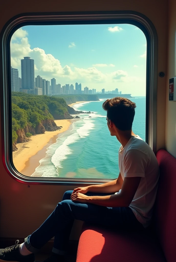 Collect high-quality images of a train window view sitting man 22 yrs, Mumbai cityscape, Goa beaches, greenery, and coastlines.