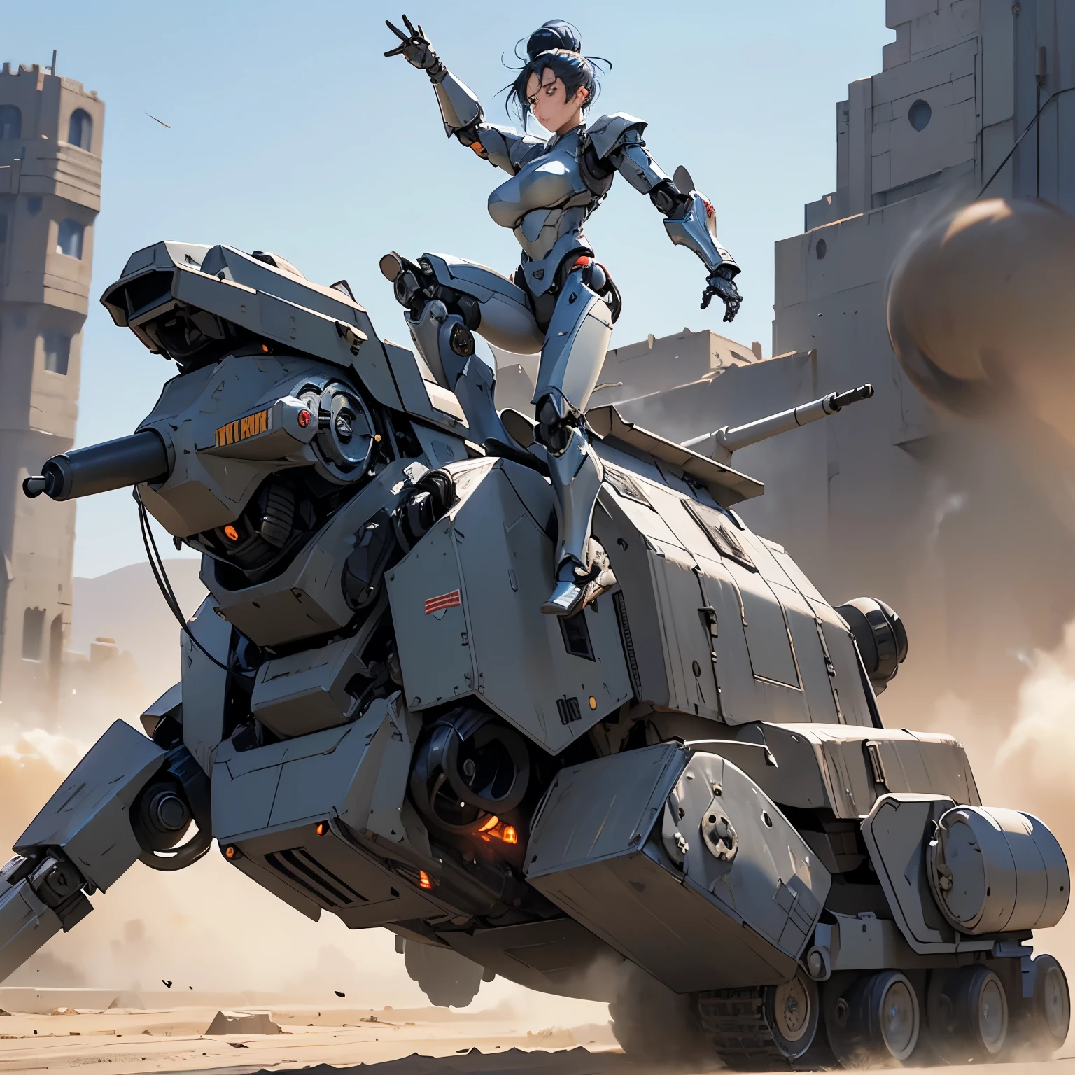 nsfw, anime screencap, 16K, perfect anatomy proportion body, perfect hands, action, A dynamic composition with a sense of speed and movement, (open cockpit, Ride a large, heavily armored military bipedal robot:1.6), a wife, 40age, perfect beautiful delicate sexy face, perfect beautiful delicate drooping eyes, blue hair, hair bun, large breasts, abs, Camouflage-colored heavy armored steam engine full armor powered suit, Many heavily armored robot soldiers are engaged in a firefight in the background., Flying bullets, Desert Battlefield, war, Post-apocalyptic,