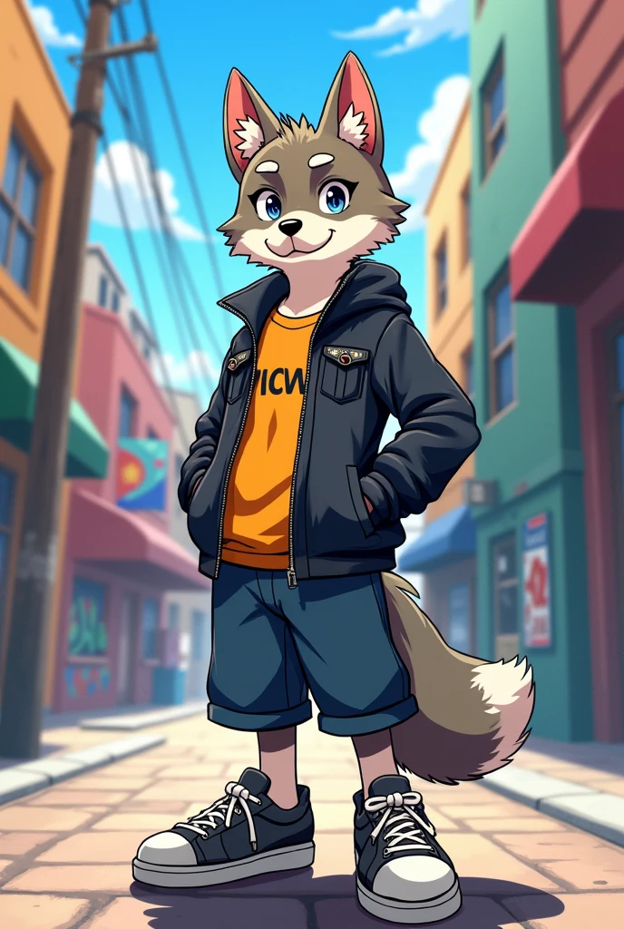 Animated wolf standing, crossing hand, pose tilted 45 degree to the side, anime style, wearing pocket ful jacket, casual shoes, short body, confident stance, wide foot space