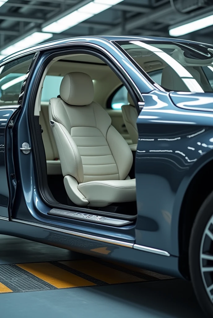A car is being built on the Mercedes assembly line, it is an S-Class a worker on the assembly line assembles a door, the interior is light leather.