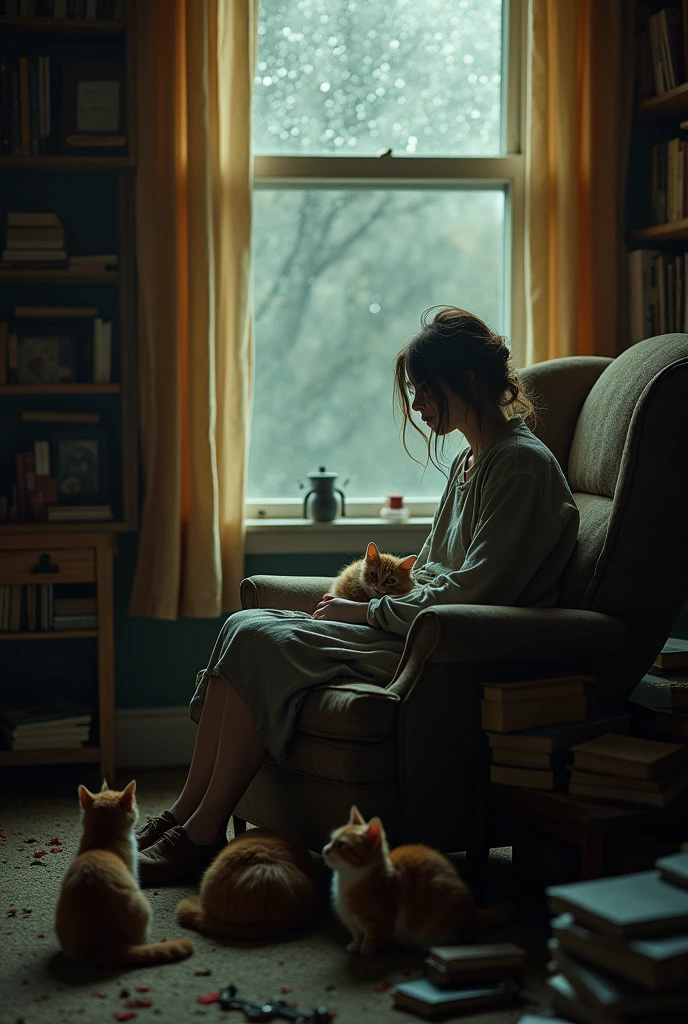 a lonely and sad woman with cats