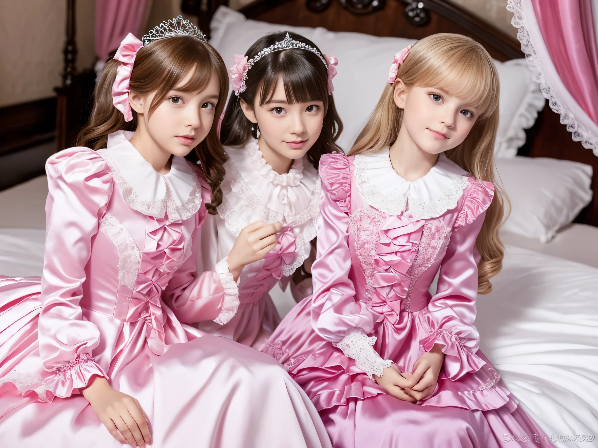 ,highest quality, masterpiece, highest resolution, artwork, super それにget used to it, many get used to it, get used to it, それにget used to it, 3k realistic pictures,,((10 year old little girls)),Ultra-detailed juvenile face,three are princesses,full length ball gown dress with hoop skirt,ruffled yoke collar,puff sleeves,long sleeve,((Lolita style hot pink detailed princess satin dress with lots of ruffles and ribbons)),Rococo style lolita fashion,shiny satin dress,Soft and smooth fabric,luxury,long blonde hair,blue eyes,white skin european,Pajama,((in the bedroom)),luxury princess canopy frilled bed,super detailed bed,they are lying on the bed,High-quality background,