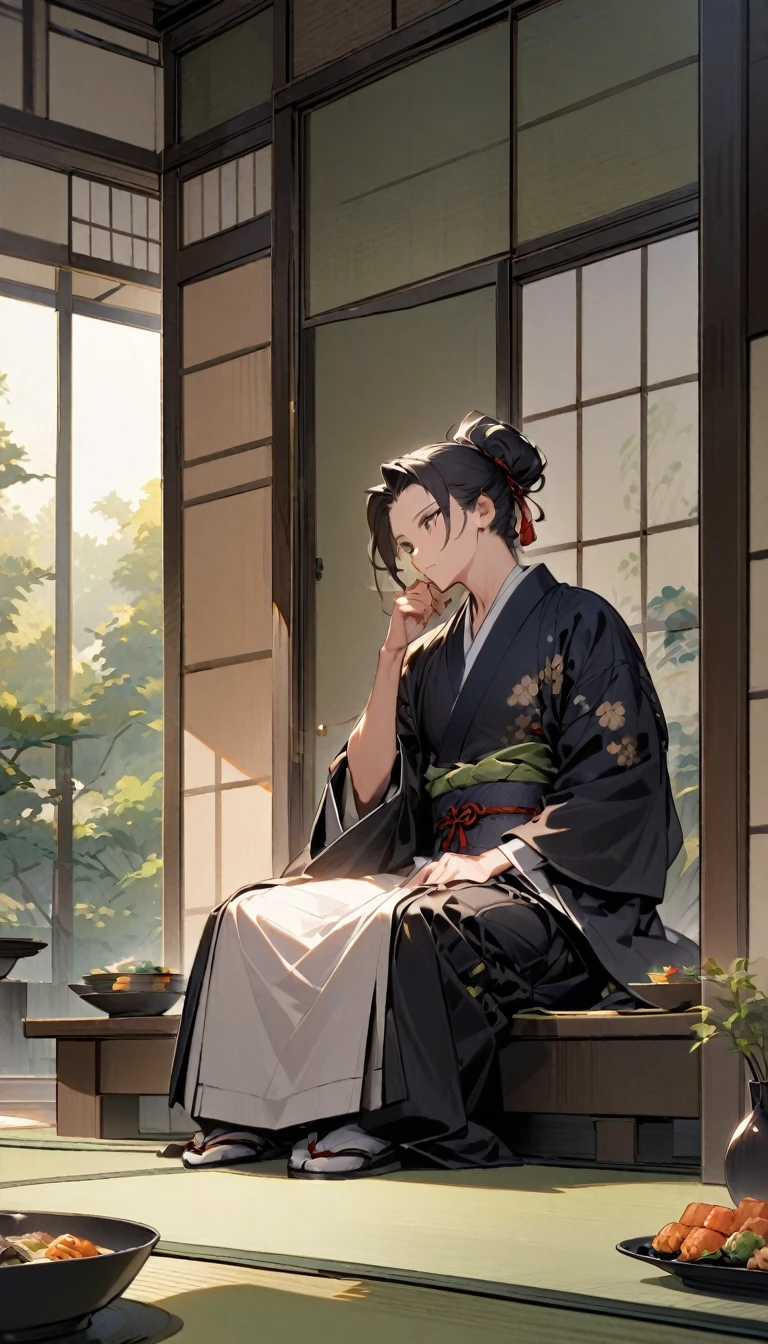 "A samurai sitting before a lavish spread of traditional Japanese dishes, gazing thoughtfully at the food. The setting is an elegant tatami room with sliding paper doors and a peaceful garden visible outside."