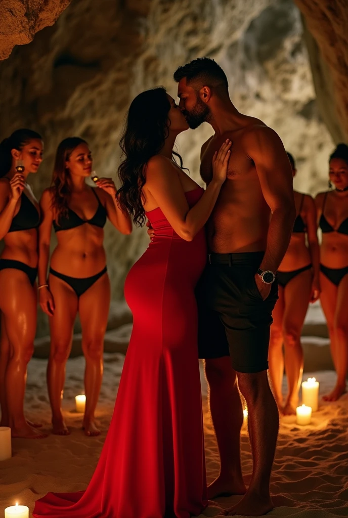 A women curvy hourglass body, wearing red Bardot dress, in wedding, where everyone is wearing black bikini, muscular Hindu pandit, kissing together. In a cave