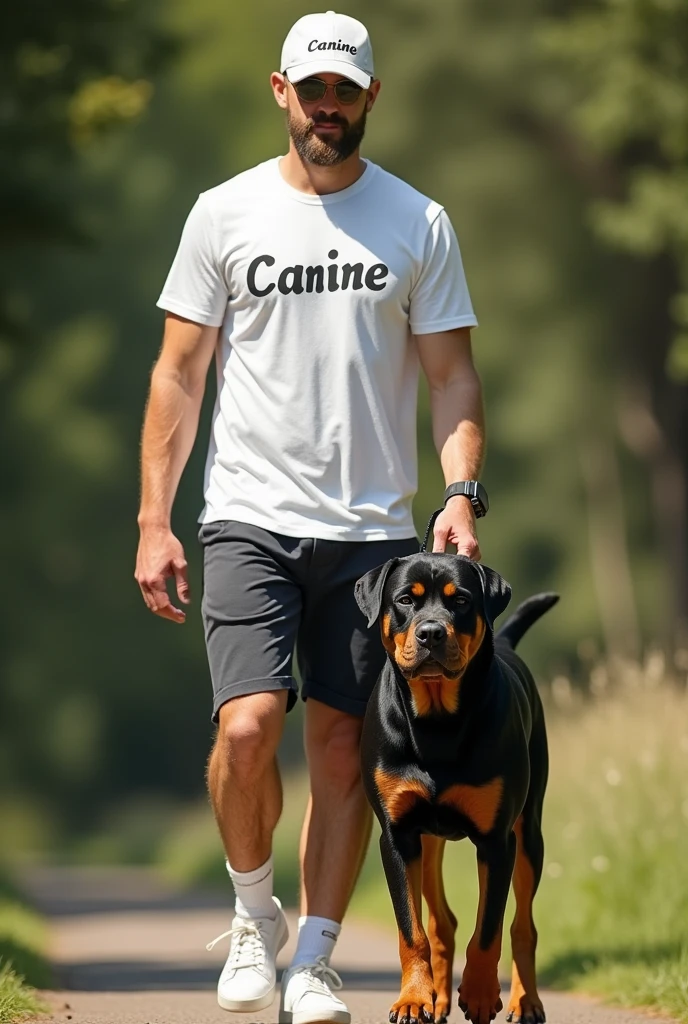 Detailed depiction of a man walking a Rottweiler。Detailed depiction of nature。All live-action。The man in the photo is wearing a T-shirt that says Canine and a cap that says Canine.。Poster for a high-end brand。Expressing luxury and hope。High-brand poster　Rottweilers have four legs　The color of the T-shirt and cap is white.