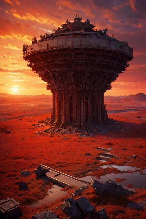 Highest quality、masterpiece、Desolate Earth、wreckage、Red Sky、Surrealism