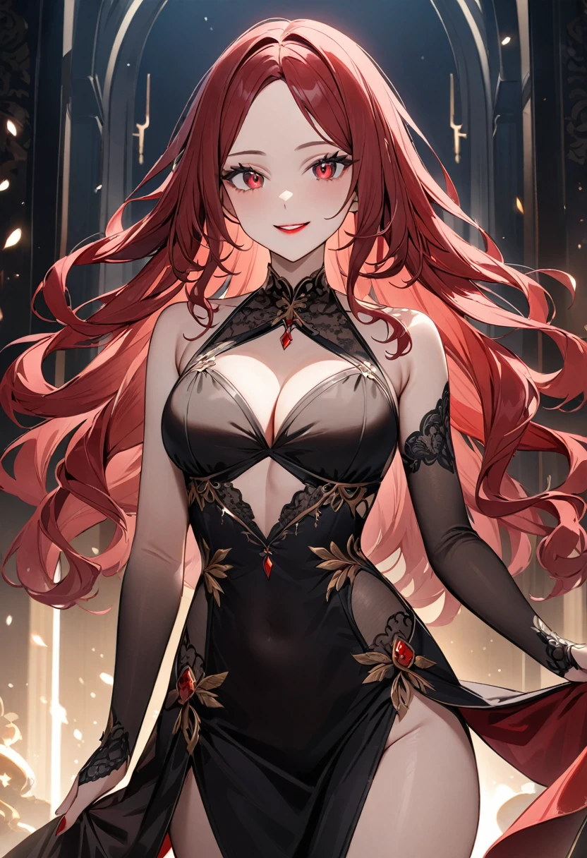 (masterpiece, top quality, very aesthetic, 4k、illustration), intricate detail, 1woman,solo,contrapposto 、(gradient eyes、tareme)、Strong glowing eyes、parted bangs,Fair skin,(cowboy shot)、Cool women、Cleavage、 smile、(red lipstick),beautiful face、(gradient hair)、(wavy　red hair)、multicolored hair,sidelock ,red eyes、halter top dress、medium breasts、slender 、