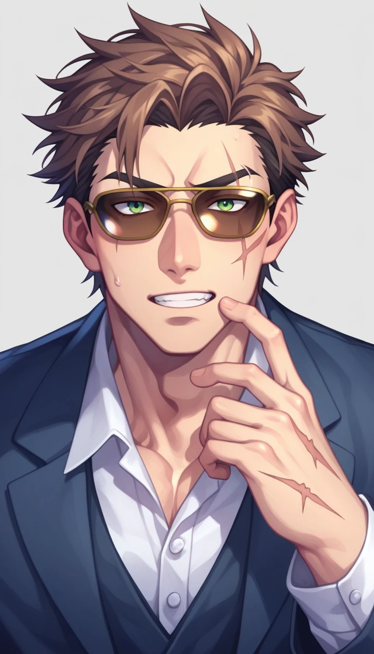 Anime Style, Yakuza, Japan Mafia, Scars on the face, Quietly angry, wild, One middle-aged man, Reddish brown hair, Green Eyes, Sharp Eyes, Frowning, Medium Hair, Calm. wise, Staggered sunglasses, Men&#39;s costume with gold dragon embroidery on black fabric, dagger, Japanese pattern background, Worldview of the Underworld, Surrealism, Expressionism, Anime Style, Cast a Shadow, Up to the waist, Film Grain, Vignetting, silhouette, 1080P, Anatomically correct