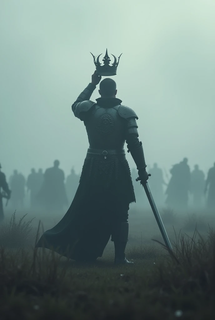 The back of a man with a sword at one hand and a crown on the other hand on a misty battlefield alone