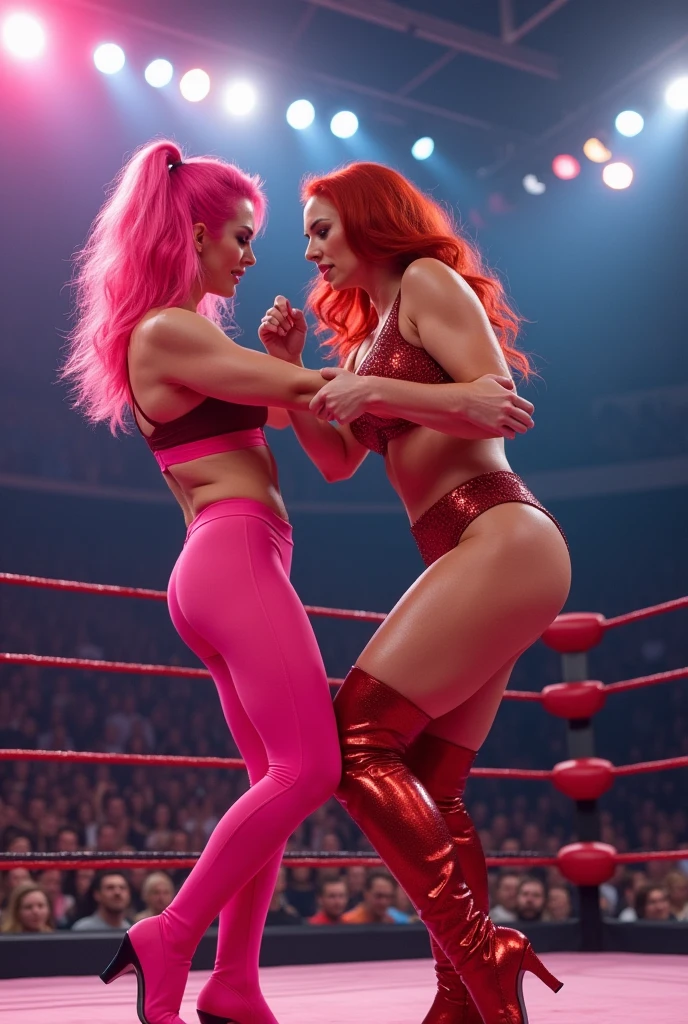 2 women, both in a wrestling ring, first woman has pink hair, pink sports bra, pink tights, second woman wearing red leotard, red hair, thigh high boots. First woman has the second woman in a bad kick lock, second woman is pulling the first woman's hair