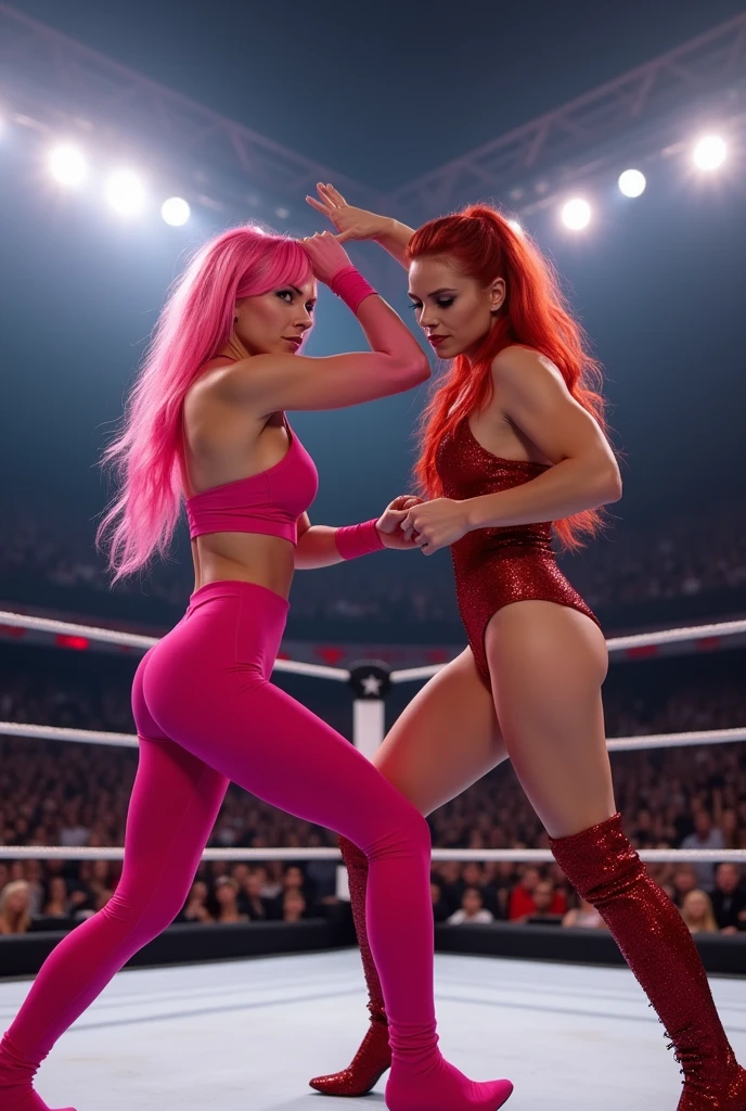 2 women,  both in a wrestling ring,  first woman has pink hair,  pink sports bra,  pink tights,  second woman wearing red leotard, red hair,  thigh high boots.  First woman has the second woman in a bad kick lock,  second woman is pulling the first woman's hair