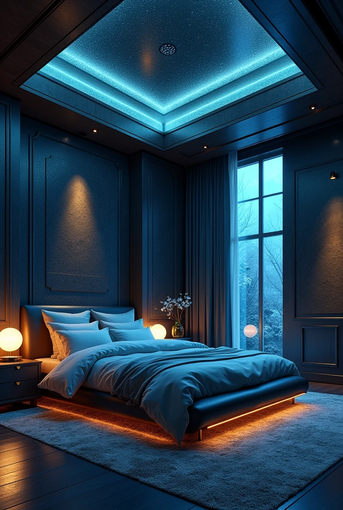 Please design me an extremely luxurious master bedroom., modern and fully equipped. Futuristic design, mysterious color, mysterious and magical