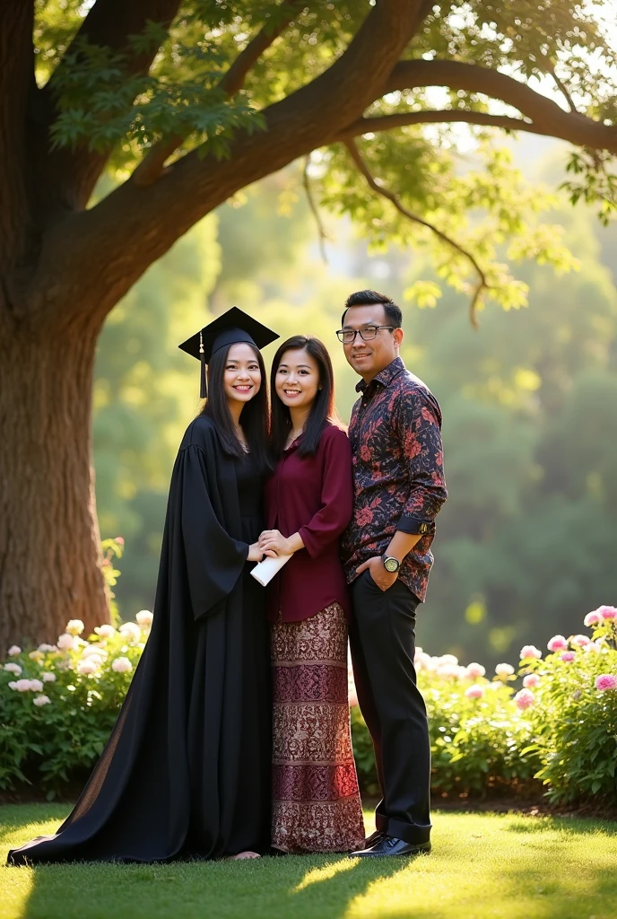 **Setting:** The family is standing in a beautiful garden, filled with vibrant greenery and colorful flowers, ideal for a graduation photoshoot. The scene is bathed in soft, golden hour lighting, either just after sunrise or before sunset, casting a warm and gentle glow across the entire setting. The backdrop includes a large tree providing shade, with light filtering through its leaves, creating dappled patterns on the ground.
**Poses:**
- **Family Pose:** The daughter stands proudly between her parents, wearing a black graduation gown and cap. She has a warm, joyful smile as she holds her diploma in one hand. Her mother, on her right, with a height of 158 cm, is wearing a deep maroon hijab and a matching maroon kebaya, paired with a batik skirt. She gently places one hand on her daughter's shoulder, her expression filled with pride and happiness. The father, on the left side of his daughter, stands at 170 cm, dressed in a formal batik shirt with black trousers. He has his arm around his daughter's back, looking down at her with a proud and affectionate smile.
- **Intimate Pose:** In another shot, the daughter is embracing both her parents, the three of them sharing a moment of warmth and closeness. The mother, slightly shorter, looks up at her daughter with tears of joy in her eyes, while the father, standing tall, looks directly at the camera, his hand resting protectively on his daughter's shoulder.
**Fashion Details:**
- **Daughter:** Her black graduation gown and cap fit her slender frame perfectly, the fabric flowing elegantly as she moves. The black contrasts beautifully against the warm tones of the setting sun and the vibrant colors of the garden.
- **Mother:** The mother's maroon hijab and kebaya are rich and luxurious, the intricate details of the kebaya catching the light in a subtle, elegant way. The batik skirt complements her outfit, adding a traditional touch to the modern, formal look.
- **Father:** The father's batik shirt is formal yet relaxe