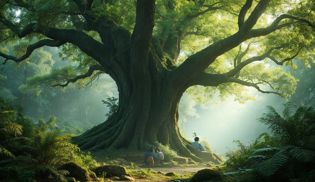 Villagers whispering and looking fearfully towards the tree, with dark, mysterious surroundings.