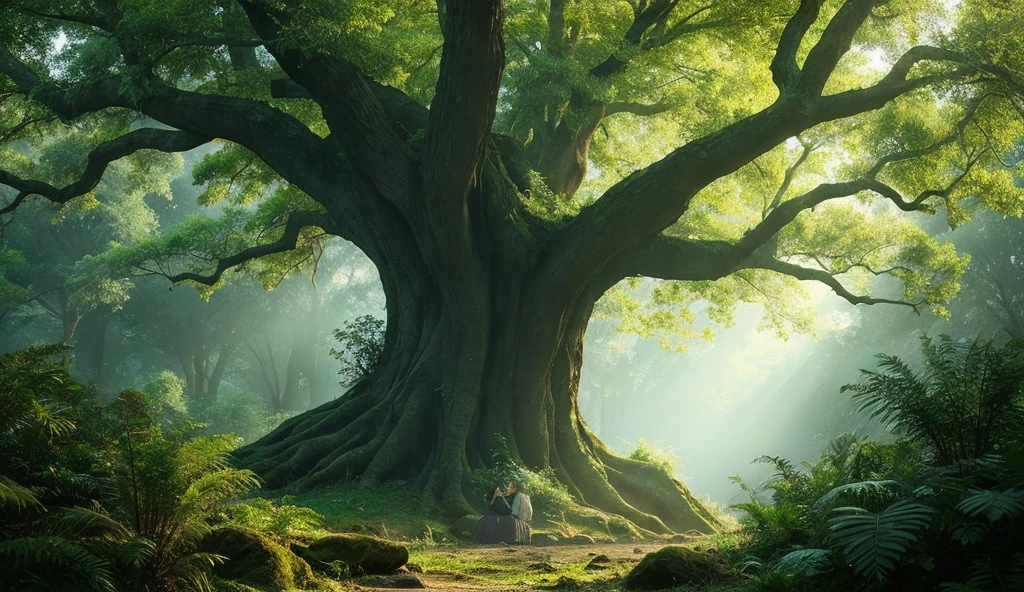 Villagers whispering and looking fearfully towards the tree, with dark, mysterious surroundings.