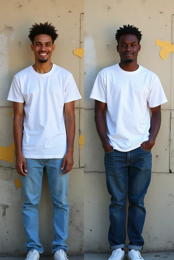 Create a split-image of the same light skinned 21 years old Ethiopian man shown side by side against a messed up wall as a background to illustrate a before and after transformation. In the 'before' image on the left, depict the man as shorter and wearing a plain white T-shirt and jeans. In the 'after' image on the right, show the same man taller, with no change in physique, wearing the same white T-shirt but with casual pants instead. Both images should have the man smiling and looking directly at the camera, with a noticeable difference in height and little difference on presence. The background should be the same for both pictures and minimalist with natural lighting, highlighting the transformation. Make the picture realistic