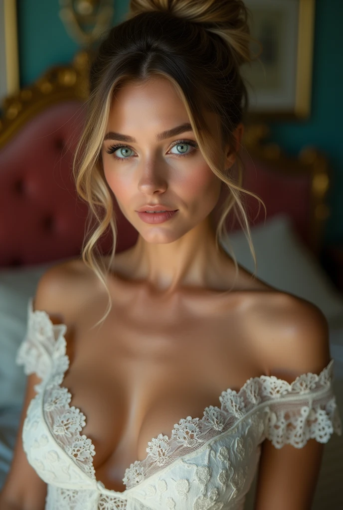 Best quality,ultra-detailed,photorealistic:1.37,UHD,professional,painting,HDR,realistic,portrait,Ukrainian beauty,gorgeous woman,exquisite facial features,sparkling blue eyes,porcelain skin,elegant pose, natural beauty,vibrant colors,soft lighting,subtle shadows,feminine elegance, one side messy updo long hair, black lingerie, luxurious bed, soft lighting, vivid colors, professional photography, portraits, bokeh