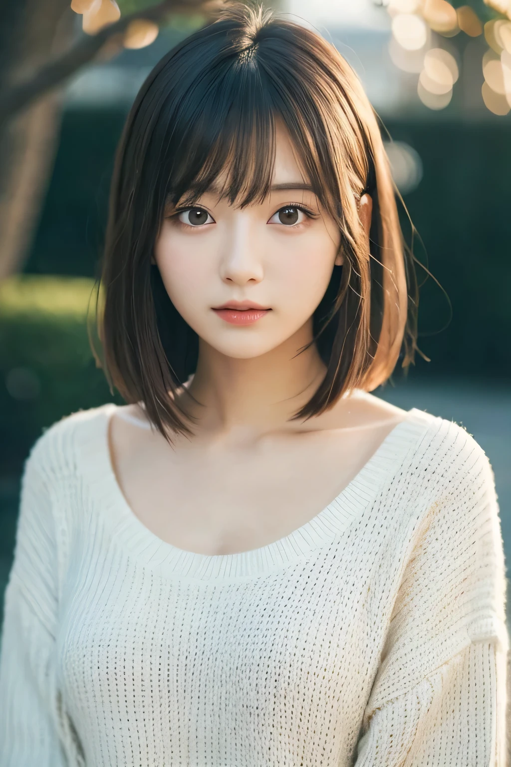 masutepiece, Best Quality, 8K, 20 yo, large full breasts, cute little, Solo, sad, Cute, Girly, Delicate girl, Neat and clean beauty, Raw photo, Professional Photography, Portrait, Soft light, Professional Lighting, Back lighting, Upper body, Looking away, Sophisticated, Film grain, (Eyes and faces with detailed:1.0), Short-length floating hair, Beautiful flowing hair, Bangs, Sweaters,