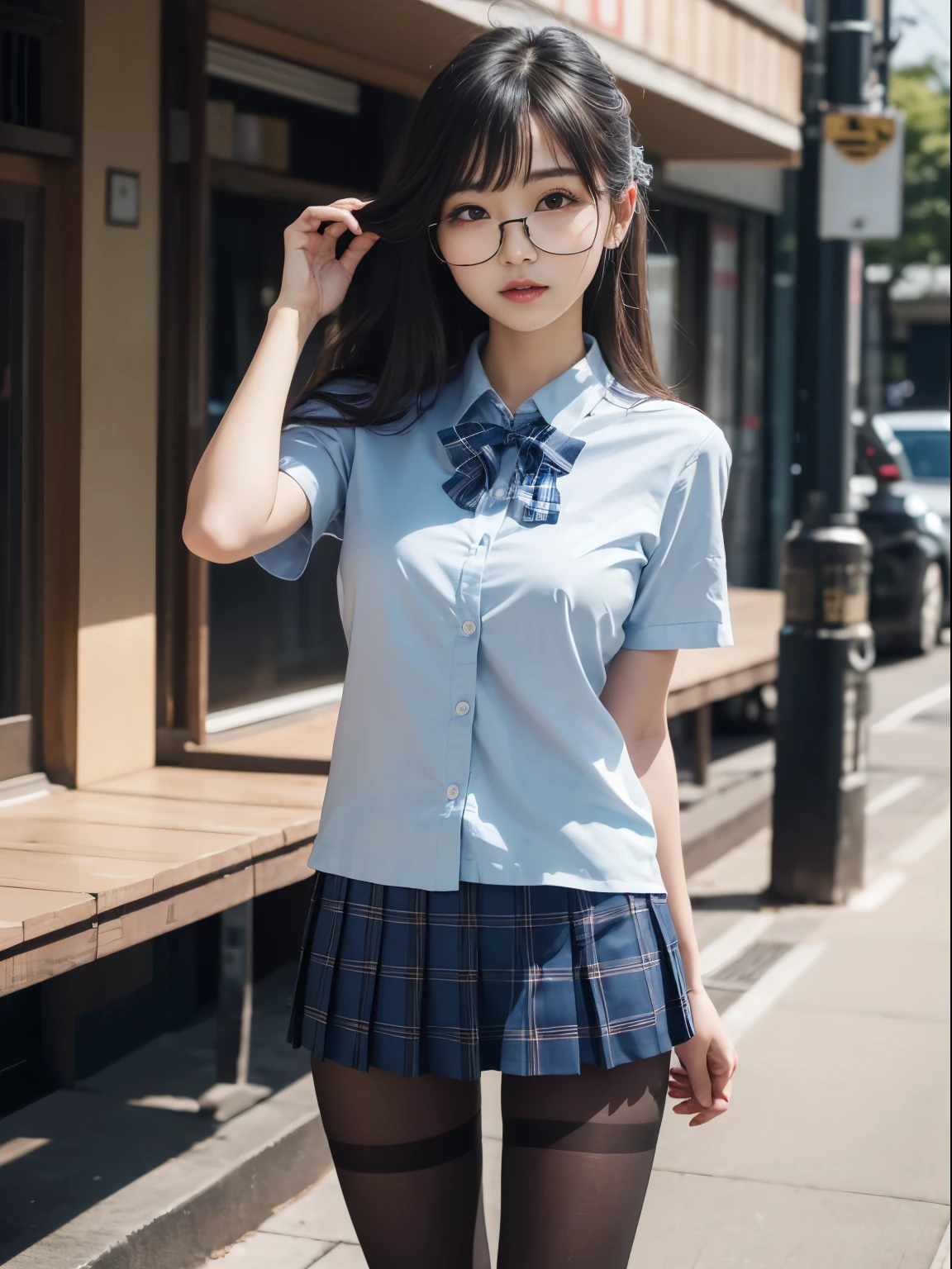 (8k、生photograph、 Highest quality、masterpiece:1.2)、(Small eyes)、((Black Pantyhose))、((Small breasts)、(Small breasts)、(Small breasts)、(Cutting board)、(Half an eye))、((Sleepy eyes))、((Squint your eyes))、(Round Glasses)、Droopy eyes、One person、cute、JK、high school girl、Japanese women、(Are standing)、(PhotoReactive:1.37)、Photon Mapping、Real、(Very delicate face)、round face、cute小さな顔、Brown eyes、(Red bow tie)、Radio City、Physically Based Rendering、Prospect、Character boundary depth、Blurred Background、photograph、、body、Beautiful feet、Long legs、Thin legs、(前hairが見える)、hair、lips、Blue_The目、Soft Nose、(Light blue shirt)、(Navy, blue and white plaid pleated skirt)、High school uniforms、See-through clothing、Thighs、black cotton socks、Nogizaka Idol、Japanese Idol