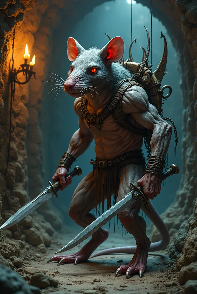 Mutant humanoid muscular rat with weapons inside a dungeon 