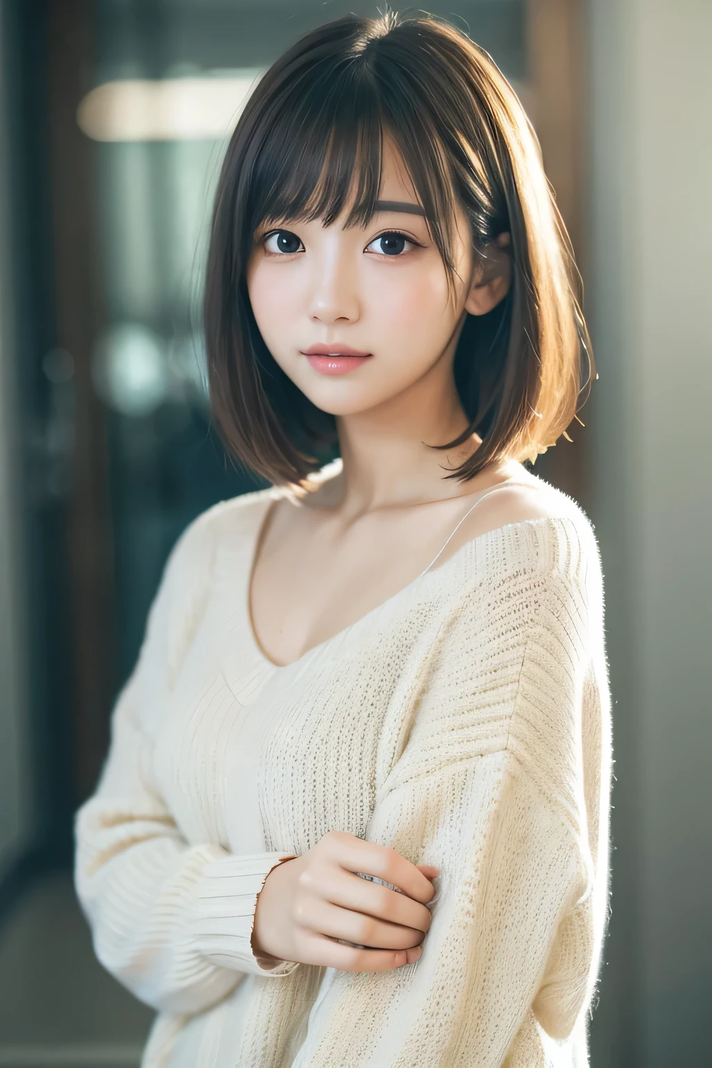 masutepiece, Best Quality, 8K, 20 yo, large full breasts, cute little, Solo, sad, Cute, Girly, Delicate girl, Neat and clean beauty, Raw photo, Professional Photography, Portrait, Soft light, Professional Lighting, Back lighting, Upper body, Looking away, Sophisticated, Film grain, (Eyes and faces with detailed:1.0), Short-length floating hair, Beautiful flowing hair, Bangs, Sweaters,