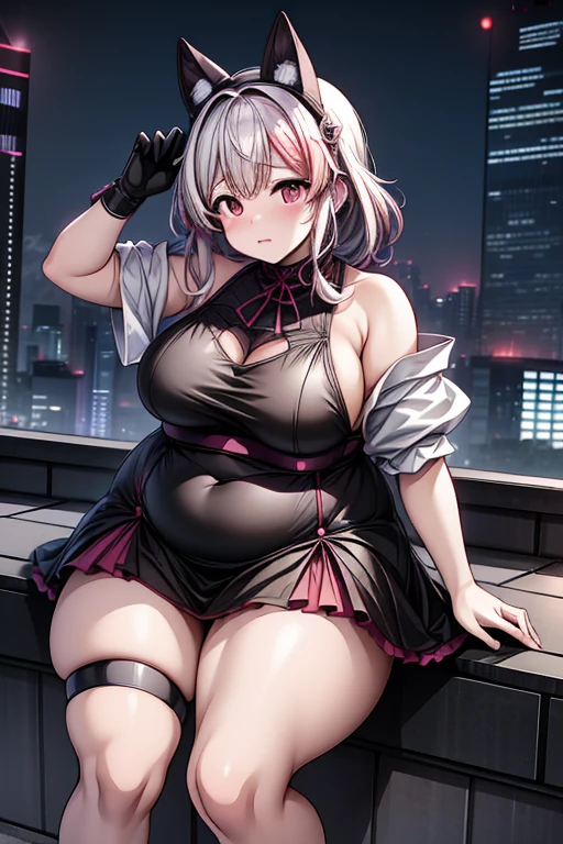 A woman in a black and white outfit is posing on a roof, Half Yamada, Tokyo Cyberpunk Night on the Roof, Chubby, On a rooftop at night in Tokyo, shikamimi, Shot with Canon EOS 5D Mark IV, Ayaka Cosplay, , Neo Tokyo, Shot on a Canon 80d, at night!!, Chiho