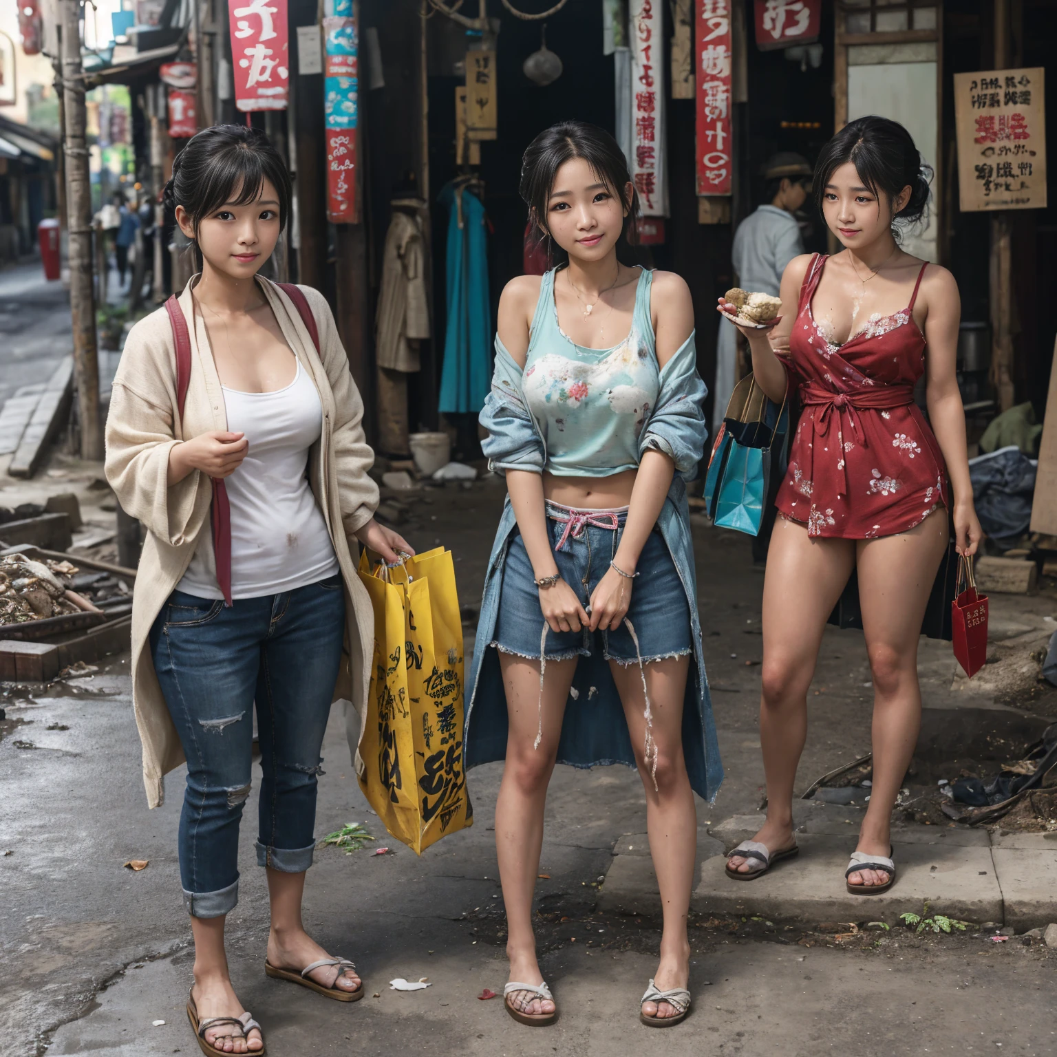 ((masterpiece、Highest quality))、Beautiful girls gather.、Three girls in summer clothes、clothes、(Showa Retro:1.2)、(Detailed and cute face:1.3)、(Poor conditions、Japan's poor neighborhoods、Dim and unsanitary、Standing Bar、みんなで楽しくdiet、Crumbling underground shopping mall)、屋台のdiet店、stage、sewage、Dirty shop、street vendors、Unsanitary and abandoned city、smile、diet、Poor person々