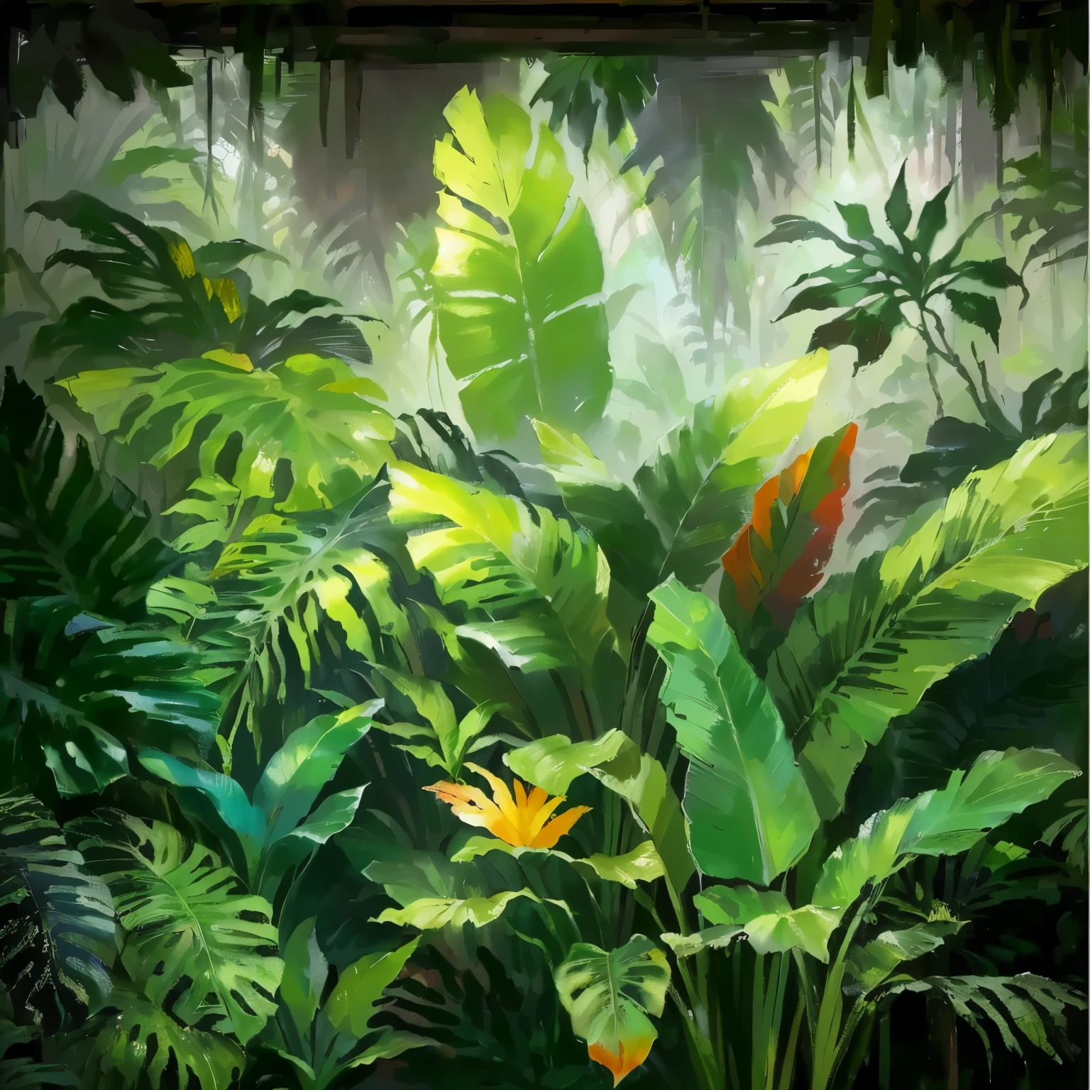 painting of a group of Tropical plants in a garden, background jungle, mysterious jungle painting, plants and jungle, the jungle at the background, tropical jungle, jungle scene, Tropical plants, jungle as the background, jungle, jungle background, the background is lush jungle, art nouveau jungle environment, dense jungle, green jungle, jungle setting, fantasy jungle, Tropical plants