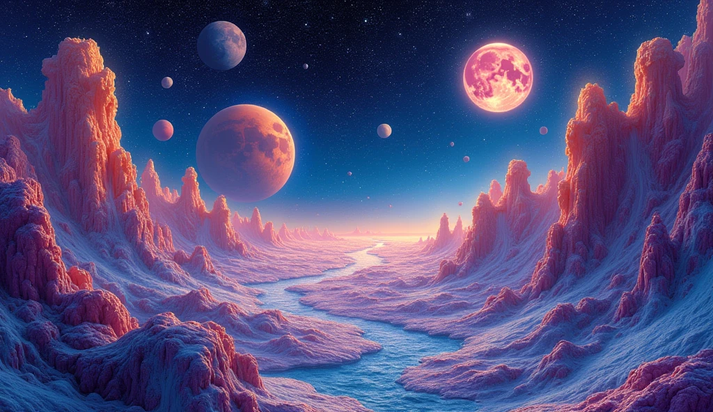 A painting by Roger Dean of a cosmic landscape with planets and stars