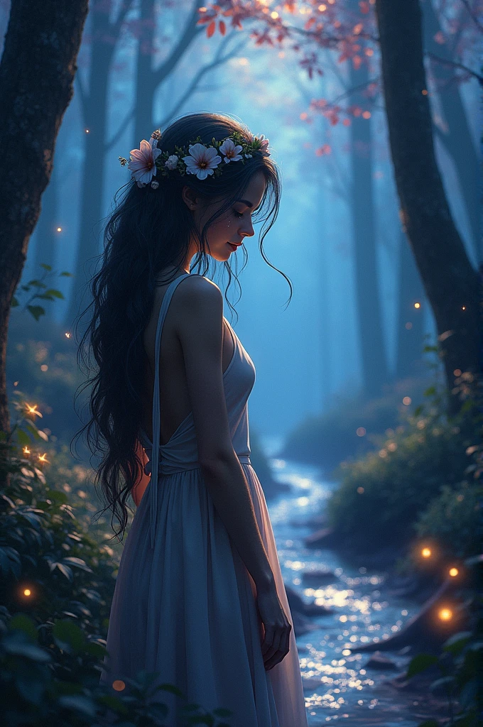 Sad woman on fantasy firest 