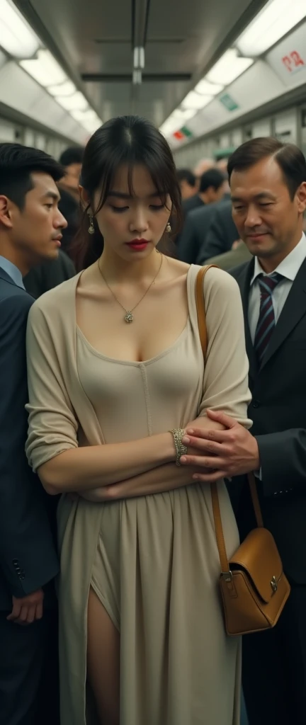 (32K:1.9, Highest quality, masterpiece, Ultra-high resolution, Professional low-angle camerawork:1.5, Very detailedな肌と顔の質感:1.4), Always accurate, Very detailed, ((crowded train:2.0, Several men touched parts of her body.:2.5)), (A short Japanese woman of 25 years old, Big breasts on the verge of collapse:1.2, Camisole dress and scarf:1.5, Incredibly slim body:1.3, areola is not visible), Bag, belt, Fair skin, elegant, sense of cleanliness, Thin eyebrows, (Big eyes that exude beautiful eroticism:0.4, Embarrassed smile:1.0, I despise you from the bottom of my heart:0.8, Open your mouth a little, lipstick, Feel the beautiful eroticism:0.9, Dark brown medium hair), Earrings, necklace, bracelet, romantic, mysterious, Object of admiration, original, dramatic, artistic, Innovative, charm, Heartful, Fancy, Tilt, sense of loss, special, ((exciting, Extreme, sense of openness, suffering, sufferingの表現)), (((Mistakes made due to youth, 女性的なcharm)))