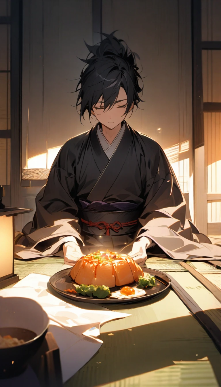 "A samurai savoring a beautifully presented meal, his expression one of deep contemplation. The room is softly lit by a paper lantern, with the flickering light casting gentle shadows on the tatami floor."