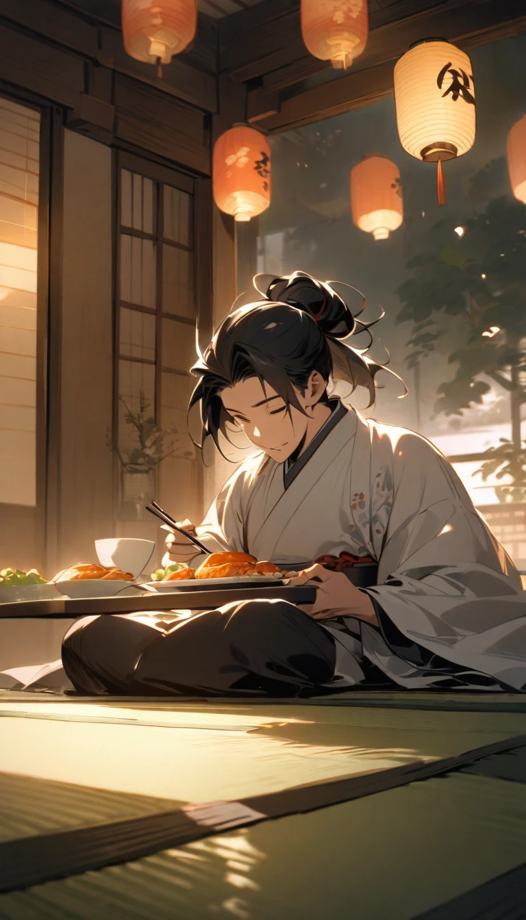 "A samurai savoring a beautifully presented meal, his expression one of deep contemplation. The room is softly lit by a paper lantern, with the flickering light casting gentle shadows on the tatami floor."