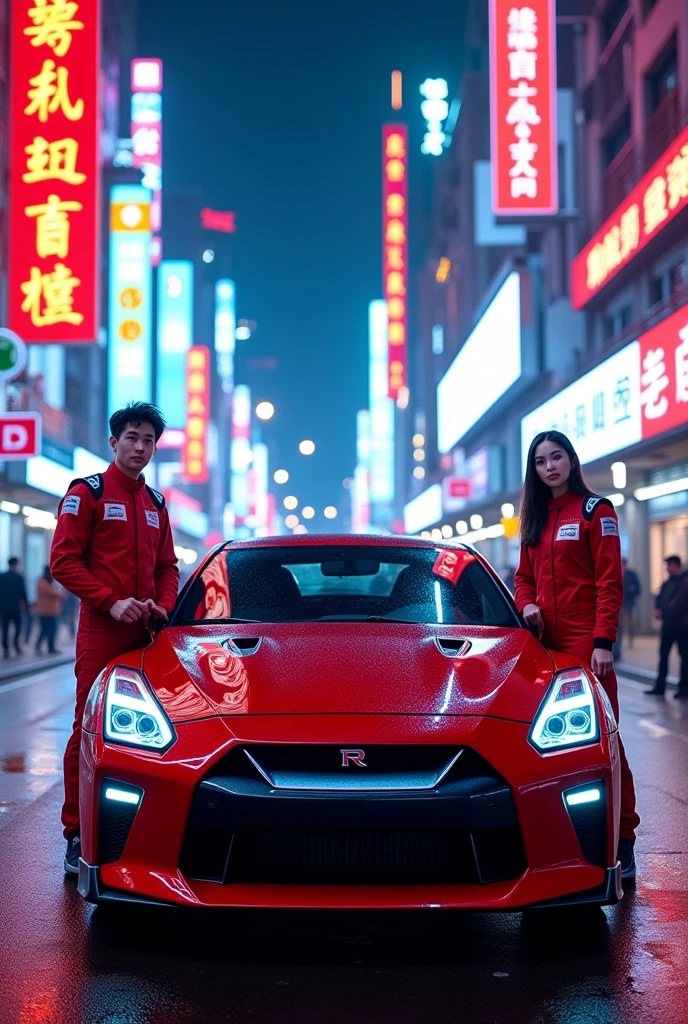 Nissan GTR red, neon colour, neon city, a Chinese city, road is neon, front view and side view , behind one man and woman wearing race suit