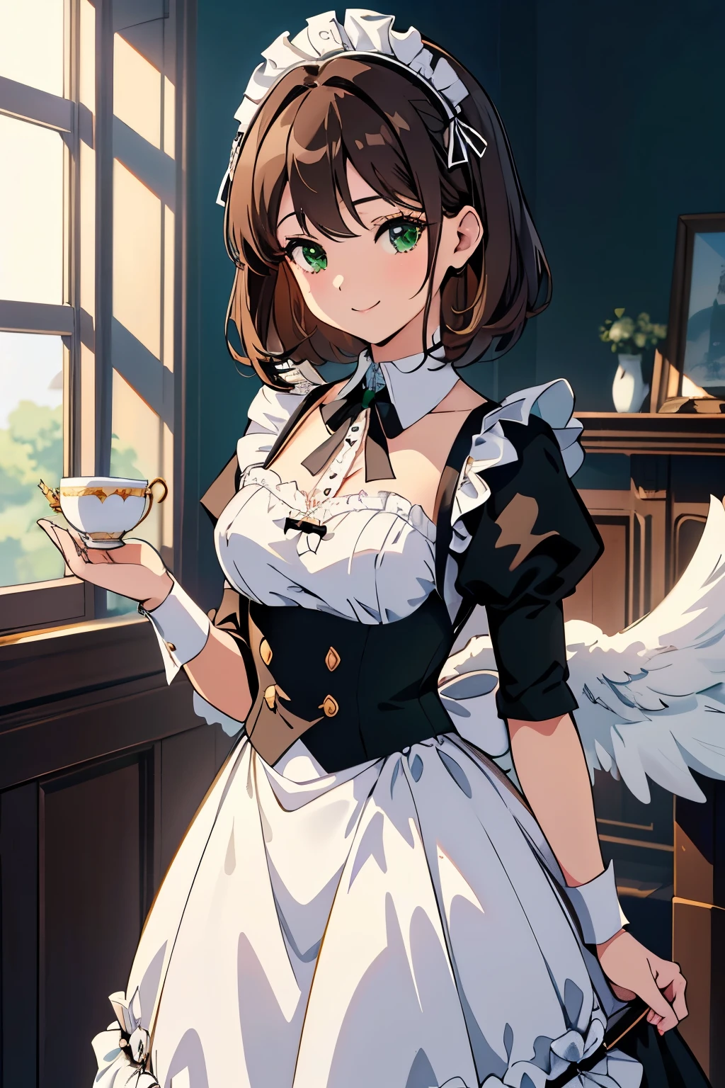 ((masterpiece, Highest quality, High resolution, 超High resolution, Pixel perfect, Written boundary depth, 4K, RTTX 10.0, High resolution))), 1 person, single, alone, Beautiful Anime, Beautiful art style, Anime characters, ((Shortcuts, bangs, Dark brown hair)), ((Green Eyes:1.4, Round eyes, Beautiful eyelashes, current eyes)), ((Smooth texture:0.75, Anime CG style)), ((Dynamic Angle, close)), Perfect body, (cute), Normal chest, whole body, ((4K, 8k, Highest quality, Perfect Fingers: 1.3, Perfect Anatomy: 1.3, Background Blur)), whole bodyアングル, Illustration of a female angel wearing a maid outfit, The character is an angel with pure white wings.、She wears a classic black and white maid outfit。, The maid outfit is decorated with frills and ribbons.、Elegant and lovely design。, She smiled gracefully.、Holding a teacup in his hand。, A soft light shines in the background。