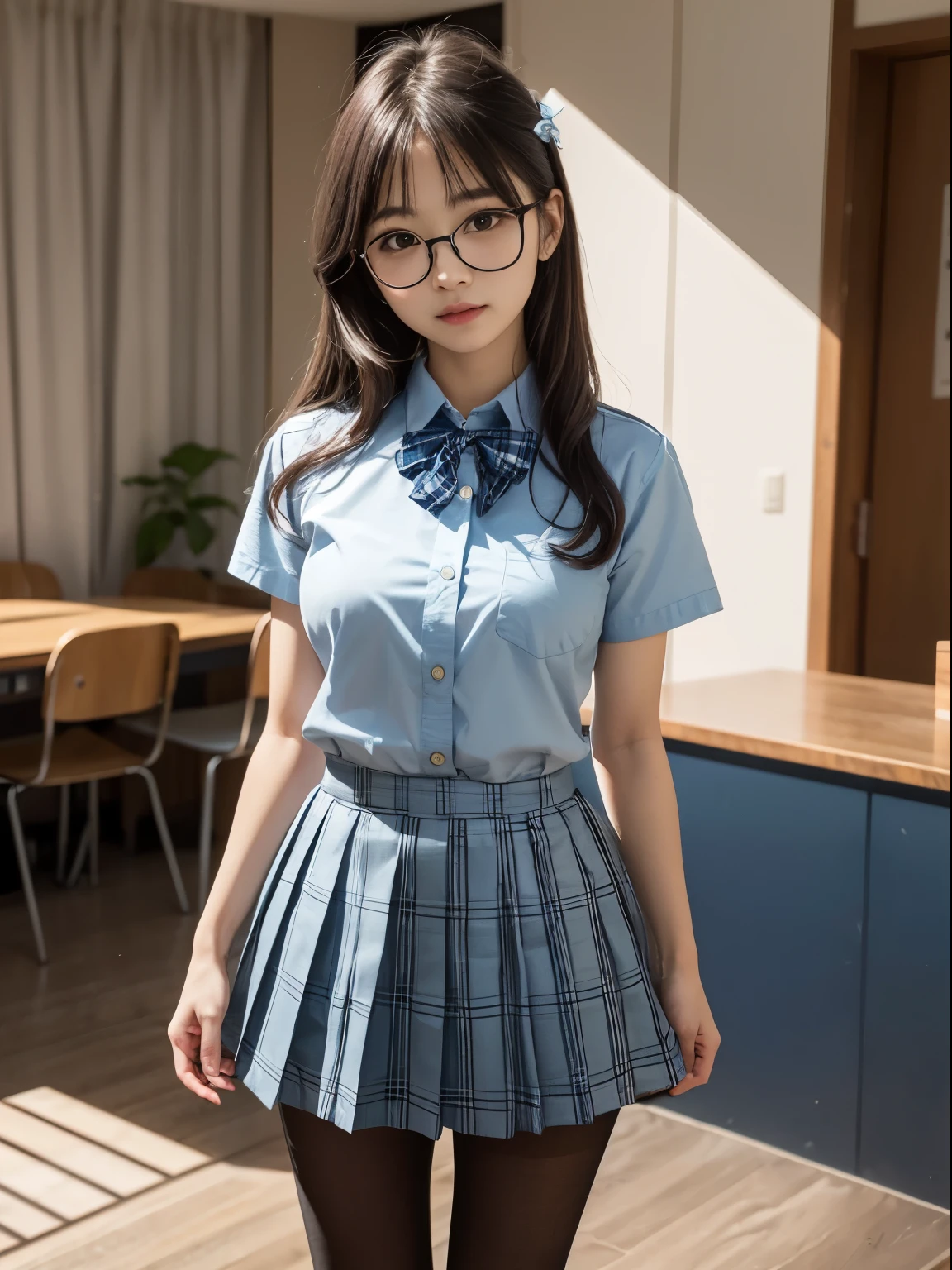 (8k、生photograph、 Highest quality、masterpiece:1.2)、(Small eyes)、((Black Pantyhose))、((Small breasts)、(Small breasts)、(Small breasts)、(Cutting board)、(Half an eye))、((Sleepy eyes))、((Squint your eyes))、(Round Glasses)、Droopy eyes、One person、cute、JK、high school girl、Japanese women、(Are standing)、(PhotoReactive:1.37)、Photon Mapping、Real、(Very delicate face)、round face、cute小さな顔、Brown eyes、(Red bow tie)、Radio City、Physically Based Rendering、Prospect、Character boundary depth、Blurred Background、photograph、、body、Beautiful feet、Long legs、Thin legs、(前hairが見える)、hair、lips、Blue_The目、Soft Nose、(Light blue shirt)、(Navy, blue and white plaid pleated skirt)、High school uniforms、See-through clothing、Thighs、black cotton socks、Nogizaka Idol、Japanese Idol