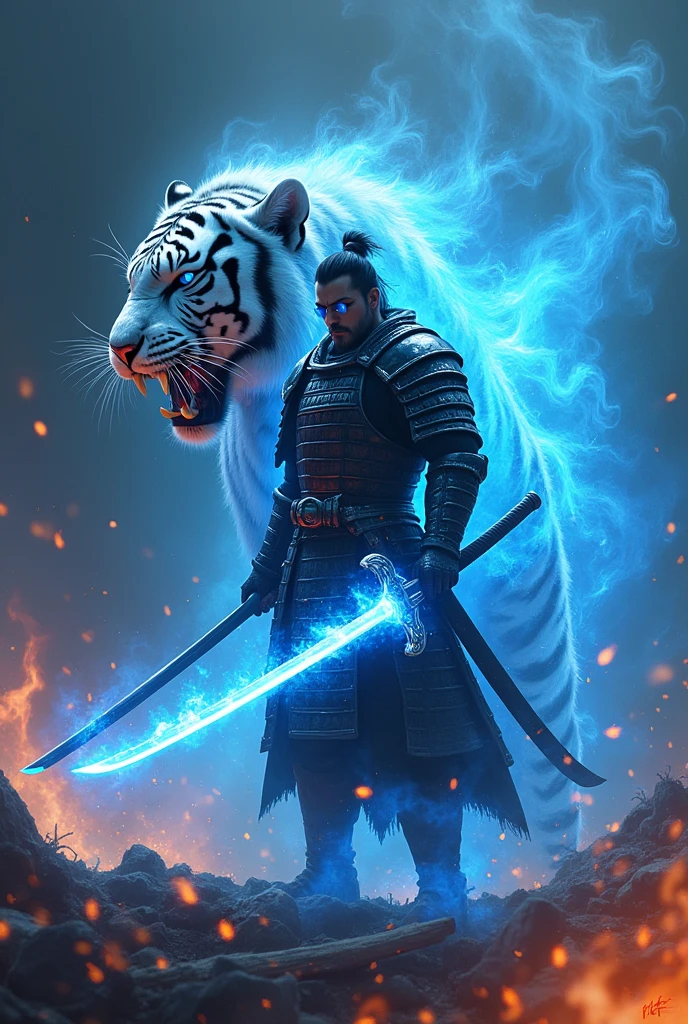 masterpiece、最high resolution、high resolution、Detailed Description、beautiful、art、One Samurai、Samurai surrounded by blue flames、Sharp Eyes、Blue glowing eyes、Samurai brandishing a sword、Samurai Close-up、The sword is engulfed in blue flames、White tiger on background、Sharp Fangs、Sharp Eyes、battlefield、