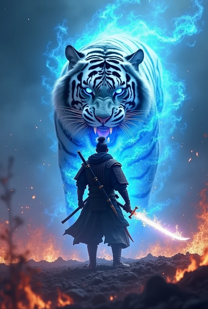 masterpiece、最high resolution、high resolution、Detailed Description、beautiful、art、One Samurai、Samurai surrounded by blue flames、Sharp Eyes、Blue glowing eyes、Samurai brandishing a sword、Samurai Close-up、The sword is engulfed in blue flames、White tiger on background、Sharp Fangs、Sharp Eyes、battlefield、