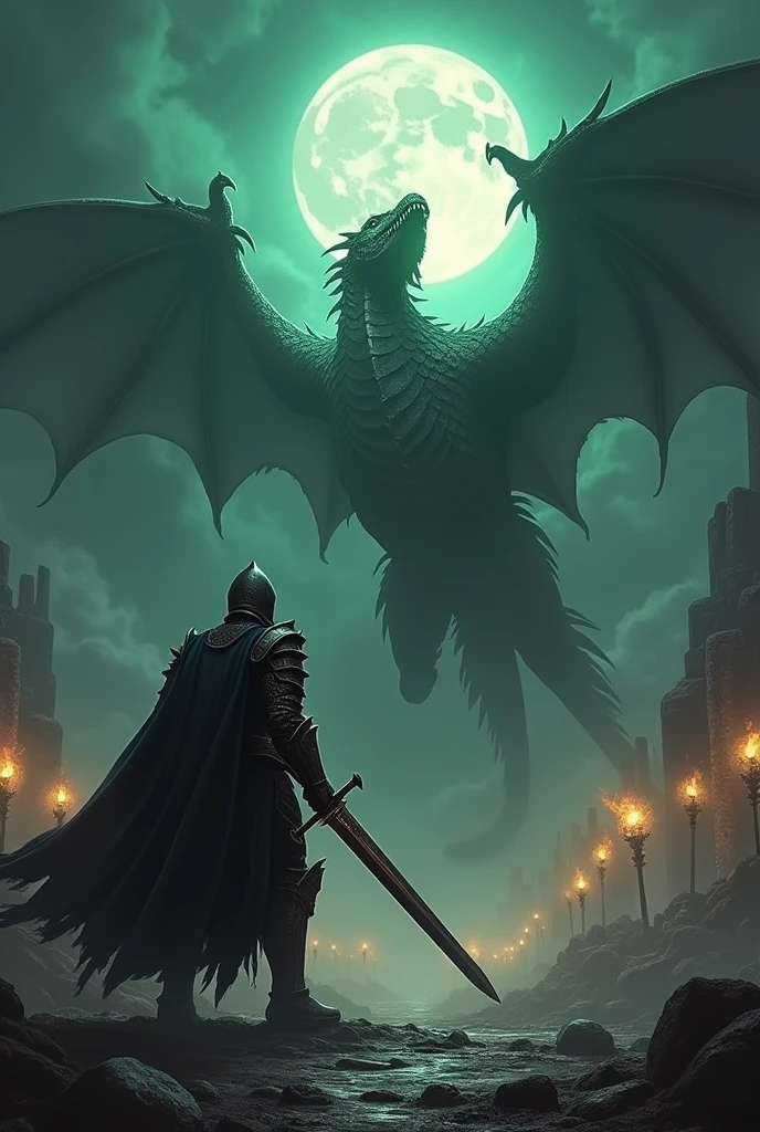 Dark themed gaming arena with knight and dragon