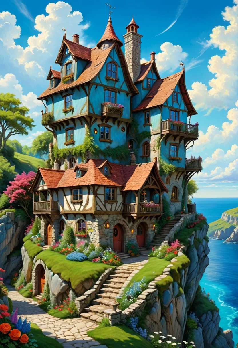 Vibrant, detailed digital painting of a whimsical, multi-story house perched on a rocky cliff. The house features a mix of wooden and stone elements, with steep, red-tiled roofs and multiple chimneys. The structure is surrounded by lush greenery, including trees, bushes, and colorful flowers, creating a lively and enchanting atmosphere. The sky is filled with fluffy, white clouds against a bright blue backdrop, adding to the overall cheerful and magical feel of the scene. The painting is rich in color and texture, with intricate details that bring the fantasy setting to life.