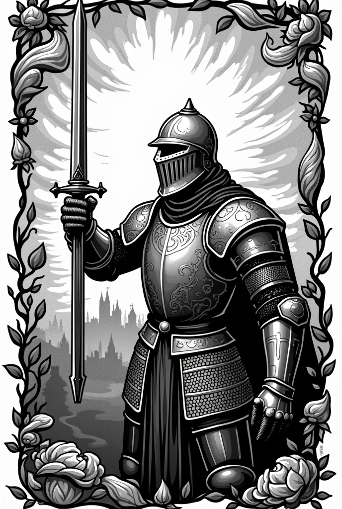 Stencil style Woodcut medieval tattoo of a knight with his sword 